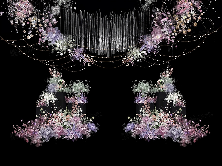 粉色系婚礼吊顶水晶珠帘吊顶素材粉紫色花艺PSD分层源文件图 - 婚礼素材网