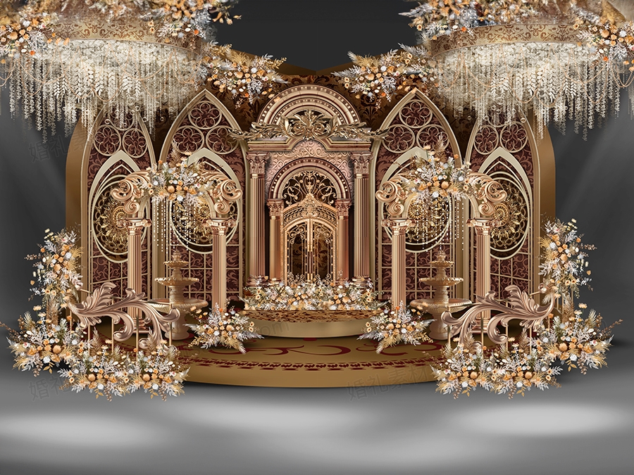 金色欧式巴洛克风城堡主题复古婚礼效果图舞台背景PSD素材源文件 - 婚礼素材网