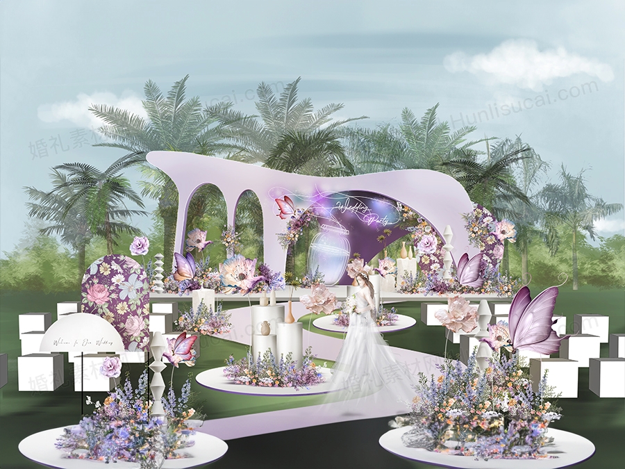户外紫色婚礼效果图迎宾合影区素材psd文件 紫色户外草坪婚礼 - 婚礼素材网
