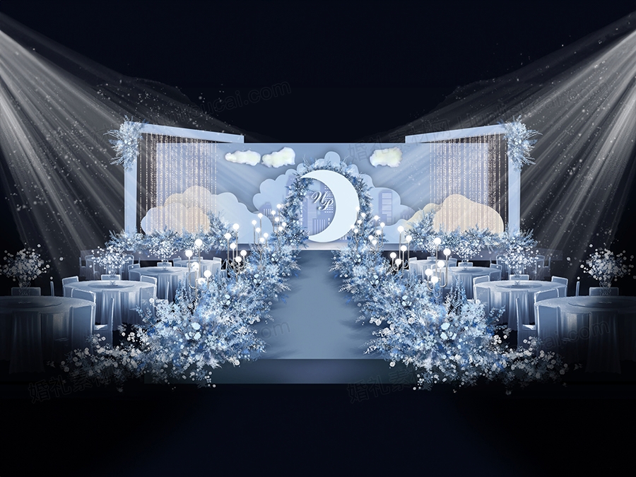 莫兰迪蓝色婚礼背景设计 雾霾蓝梦幻婚庆舞台喷绘现场布置PSD素材 - 婚礼素材网