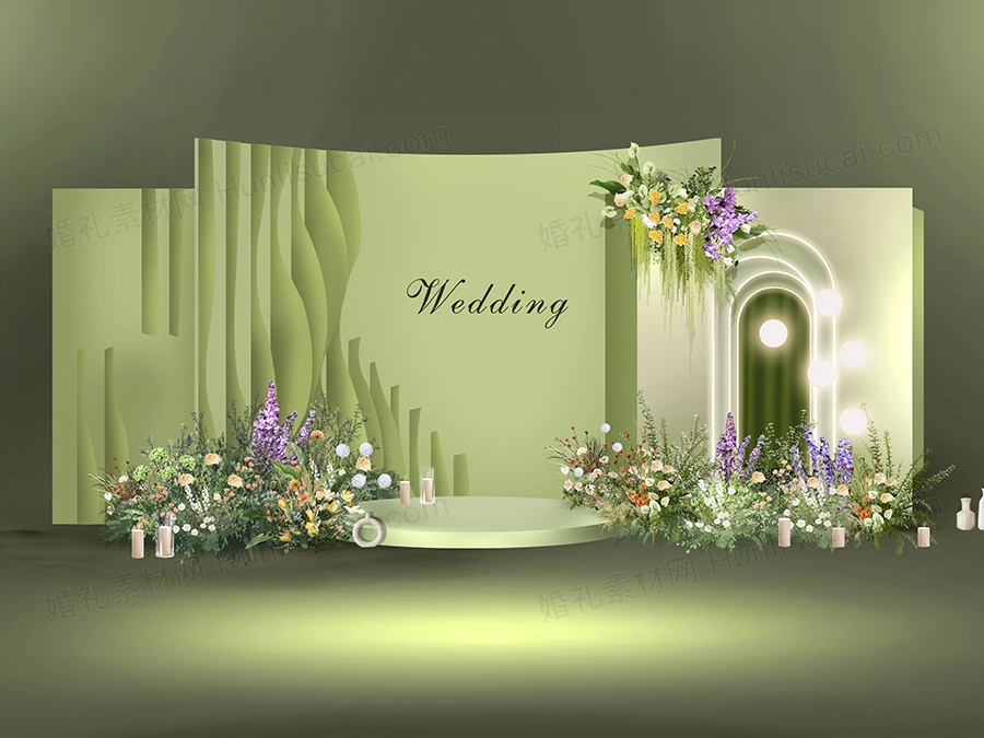 白绿色简约婚礼背景墙设计效果图 婚庆迎宾区KT板布置PSD素材模板 - 婚礼素材网