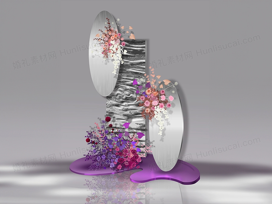 小众紫色手绘花艺户外婚礼图水波纹镜面板设计小造景psd文件 - 婚礼素材网