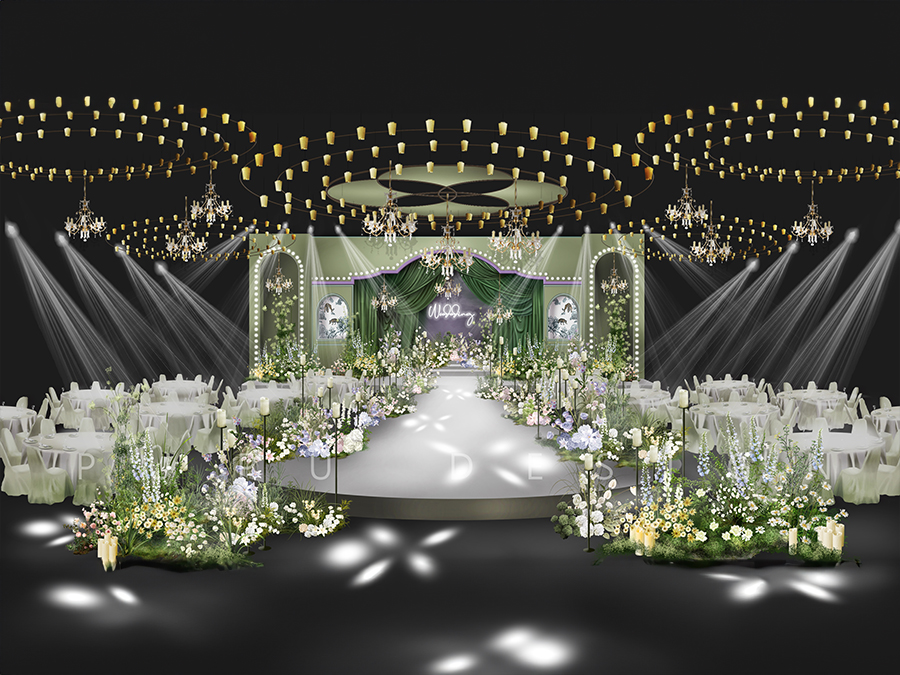 牛油果绿色剧院风法式欧式花园吊顶婚礼效果图psd源文件素材设计 - 婚礼素材网