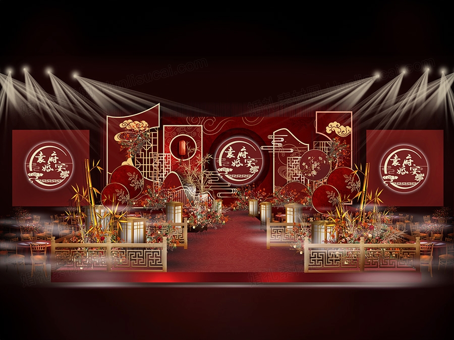 复古风红色新中式中国风小预算婚礼背景墙迎宾区效果图PS素材设计 - 婚礼素材网