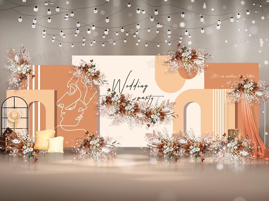 香槟橙色秋色系婚礼迎宾区效果图背景设计手绘花艺PSD素材 - 婚礼素材网