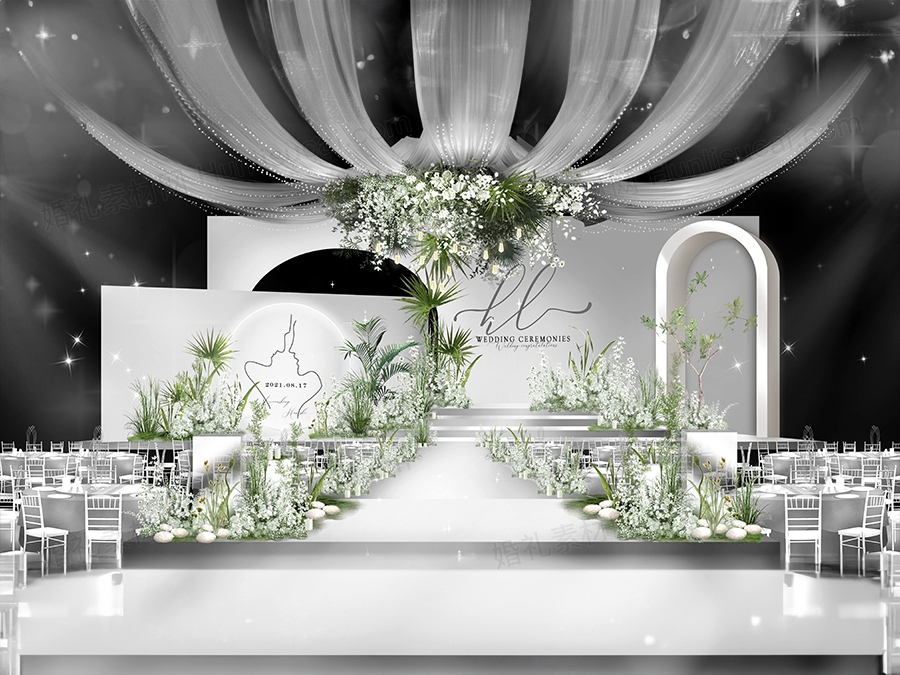 现代都市白绿色纯洁宁静秀场风婚礼PSD素材舞台设计图效果图 - 婚礼素材网