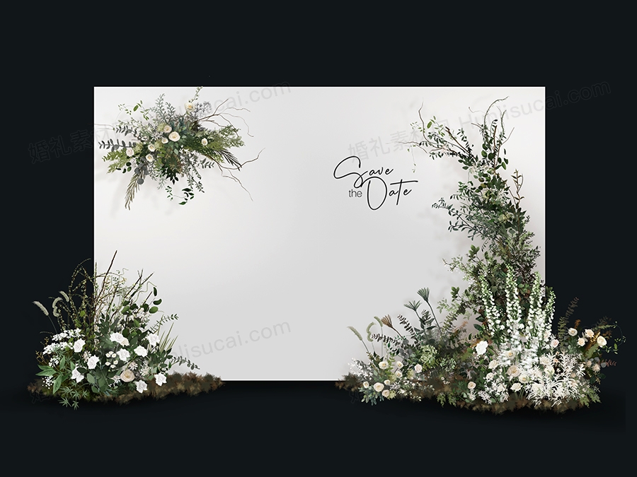 简约白色迎宾区签到墙极简风白绿色花艺婚礼KT板制作喷绘PSD素材 - 婚礼素材网