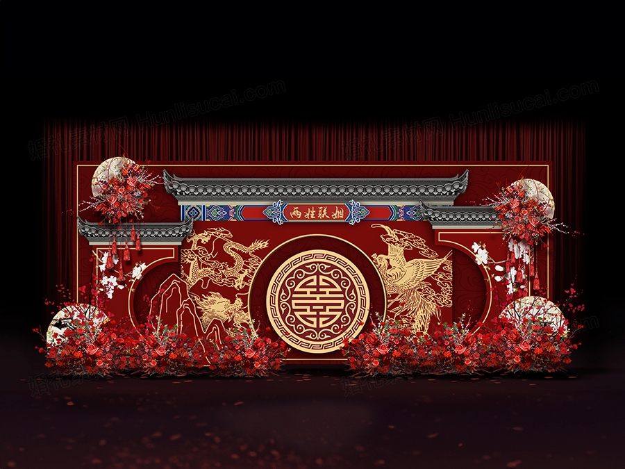 红色中式婚礼手绘效果图中国风婚礼红色系婚礼婚礼迎宾区素材模板 - 婚礼素材网