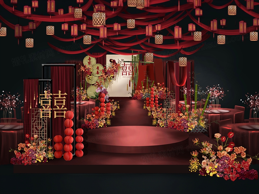 红色新中式婚礼效果图设计方案中式舞台迎宾婚礼设计psd源文件 - 婚礼素材网