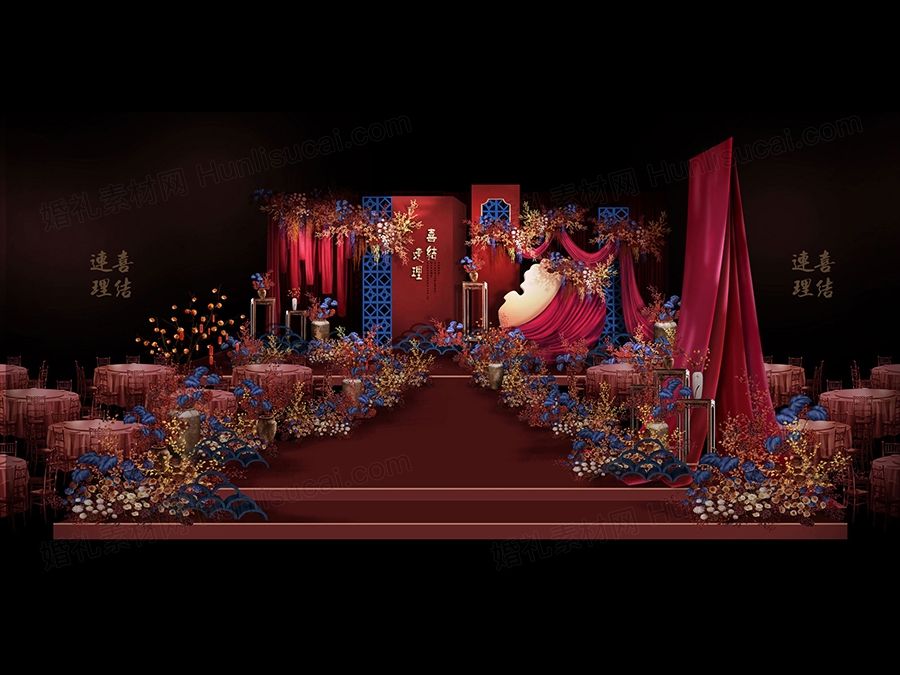 红蓝色新中式婚礼设计效果图素材psd汉式红布幔花艺婚礼手绘素材 - 婚礼素材网