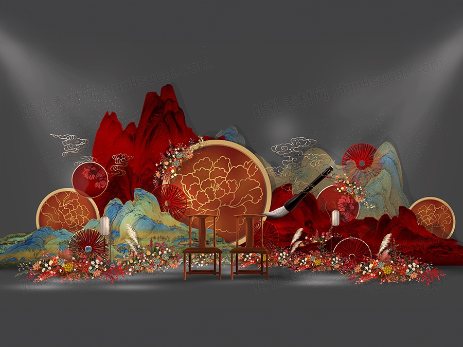 素材设计背景分层中式水墨艺术风合影婚礼设计效果图PSD红色 - 婚礼素材网