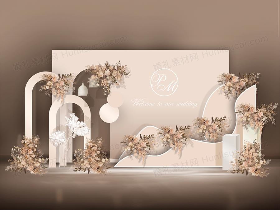 香槟色唯美泰式婚礼背景设计效果图 婚庆迎宾区喷绘PSD源素材 - 婚礼素材网