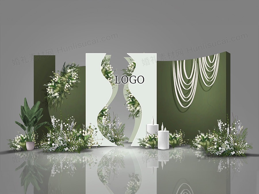 小清新韩式小众白绿色花艺婚礼舞台背景迎宾区效果图PSD设计素材 - 婚礼素材网