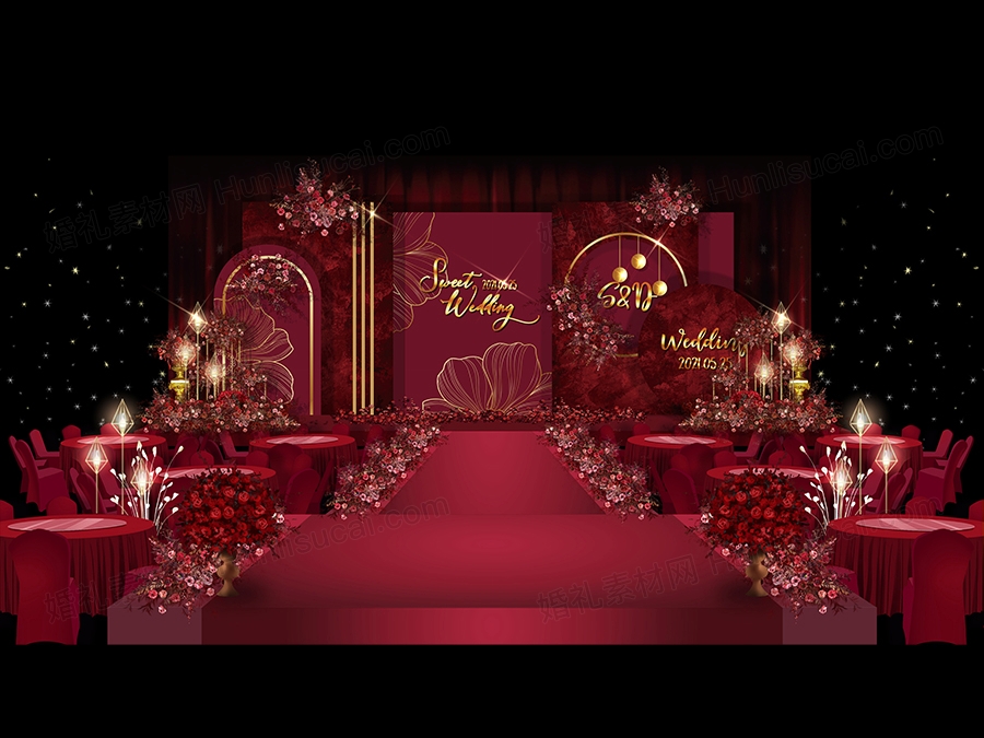 酒红色欧式花纹背景婚礼设计婚庆舞台展示区效果图背景素材psd - 婚礼素材网