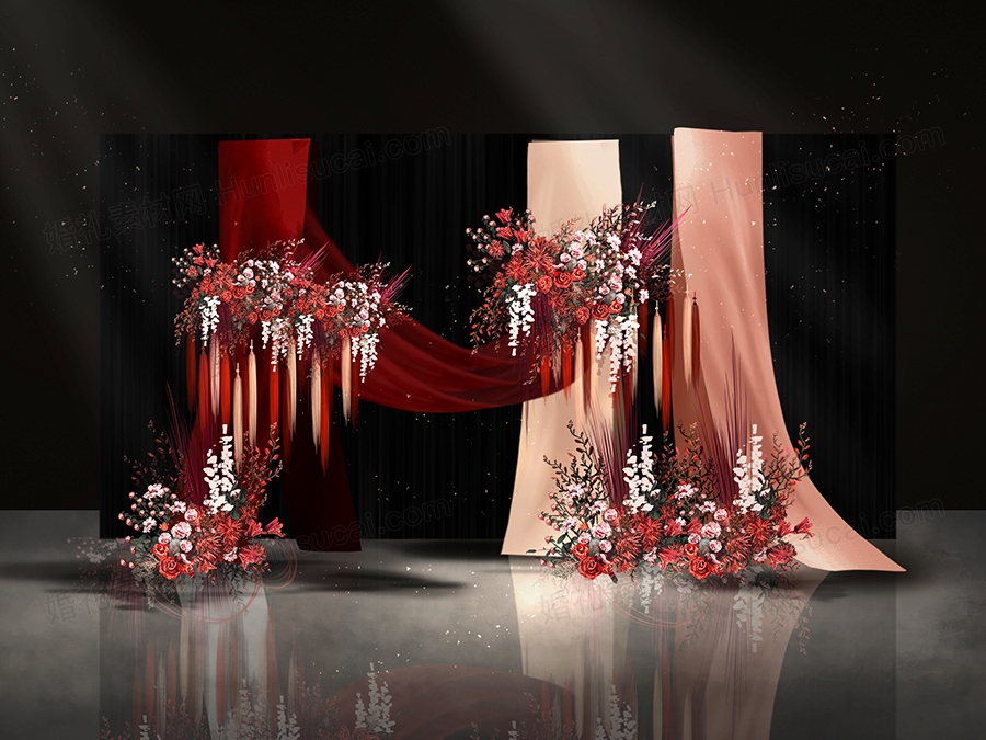 红色香槟色泰式布艺花艺流苏婚礼设计手绘效果图花艺道具素材 - 婚礼素材网