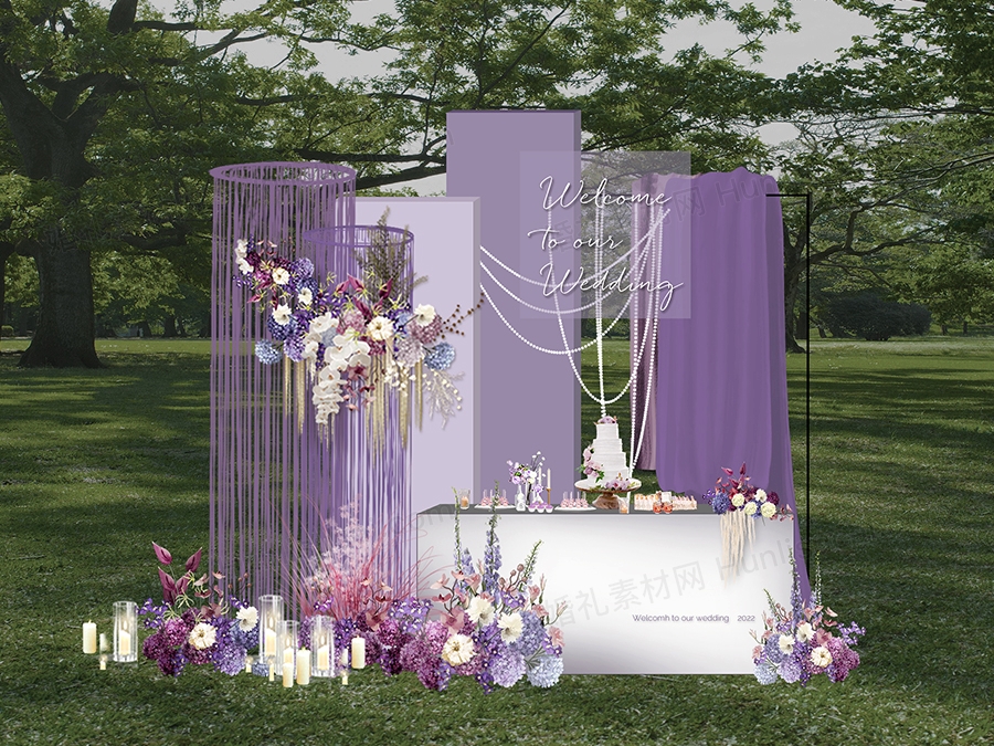 紫色户外甜品区 白紫色婚礼效果图小众花艺道具分层psd源文件 - 婚礼素材网