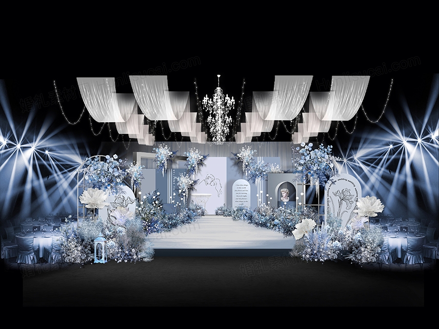 蓝色中式西式蓝白星空城堡婚礼手绘效果图PSD文件分层设计素材 - 婚礼素材网