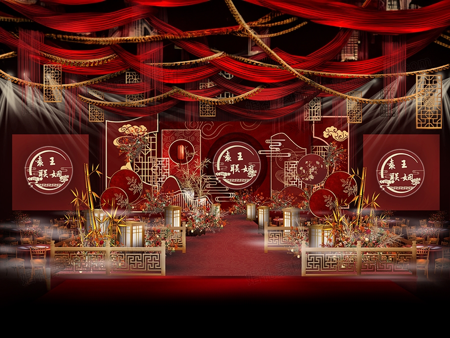 复古风红色新中式中国风小预算婚礼背景墙迎宾区效果图PS素材设计 - 婚礼素材网