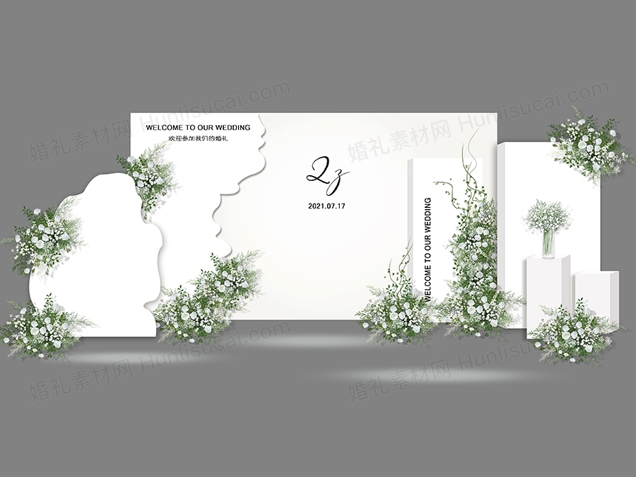 白绿色韩式简约婚礼手绘效果图素材 迎宾区合影设计制作源文件 - 婚礼素材网