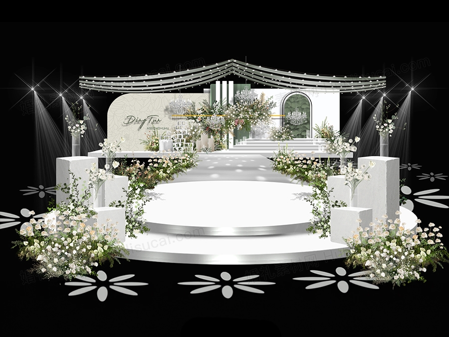 白绿色小清新大气吊顶舞台背景婚礼设计图PSD分层源文件设计素材 - 婚礼素材网