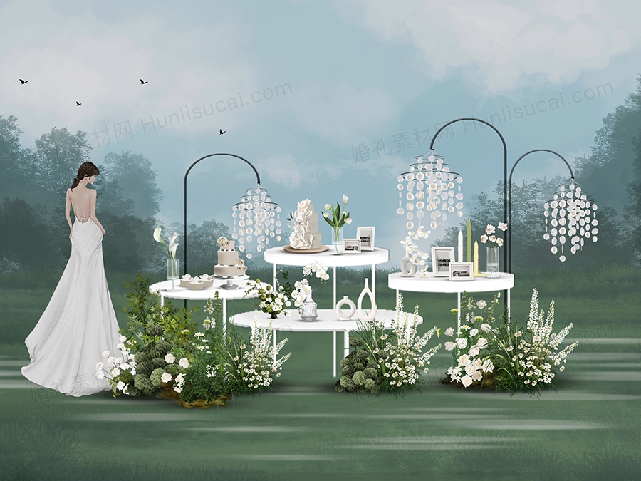白绿色户外甜品台区架子贝壳路引灯婚礼手绘效果图素材psd源文件 - 婚礼素材网