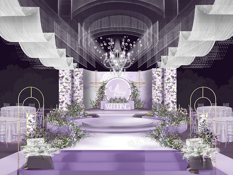白紫色简约水晶布幔吊顶婚礼效果图签到合影区背景素材psd婚礼 - 婚礼素材网