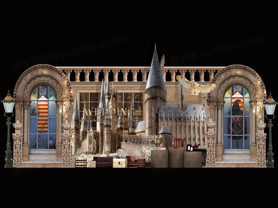 欧式古典古堡城堡哈利波特主题婚礼设计背景效果图PSD素材 - 婚礼素材网