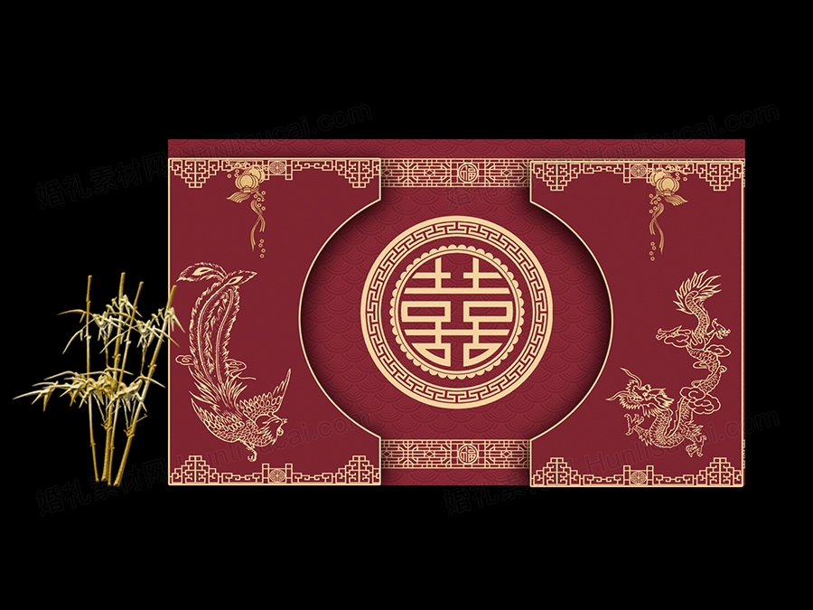 红色中式复古婚礼龙凤花纹边框舞台迎宾合影喷绘KT板背景设计素材 - 婚礼素材网