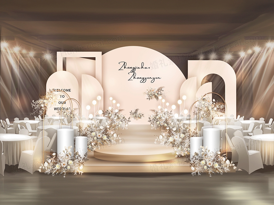 香槟色婚礼背景KT版设计效果图爆款简约婚庆舞台PSD源文件素材 - 婚礼素材网