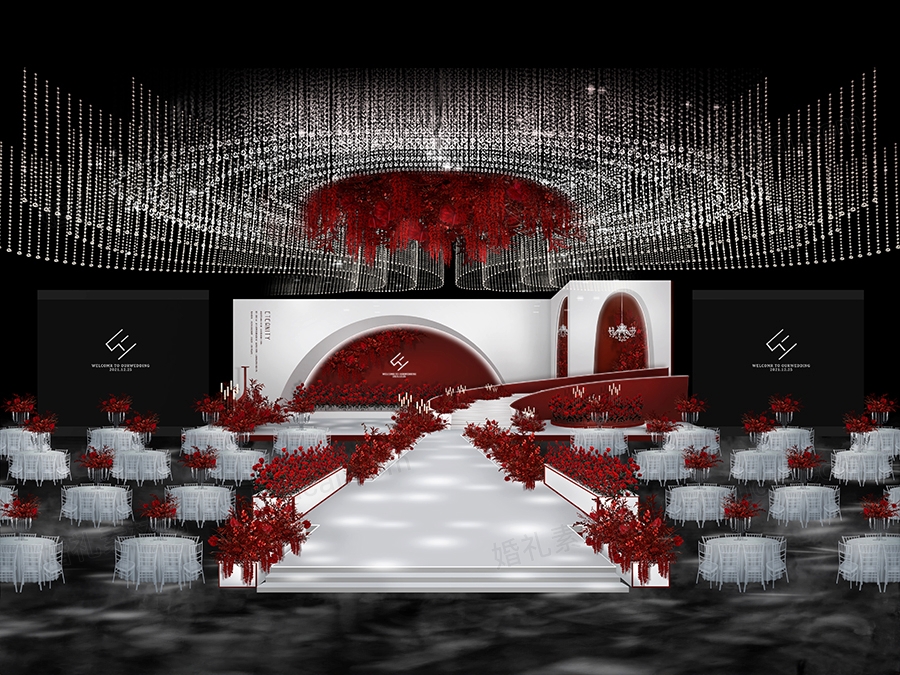 新款红白色简约高端秀场风格法式婚礼设计舞台效果图背景方案素材 - 婚礼素材网