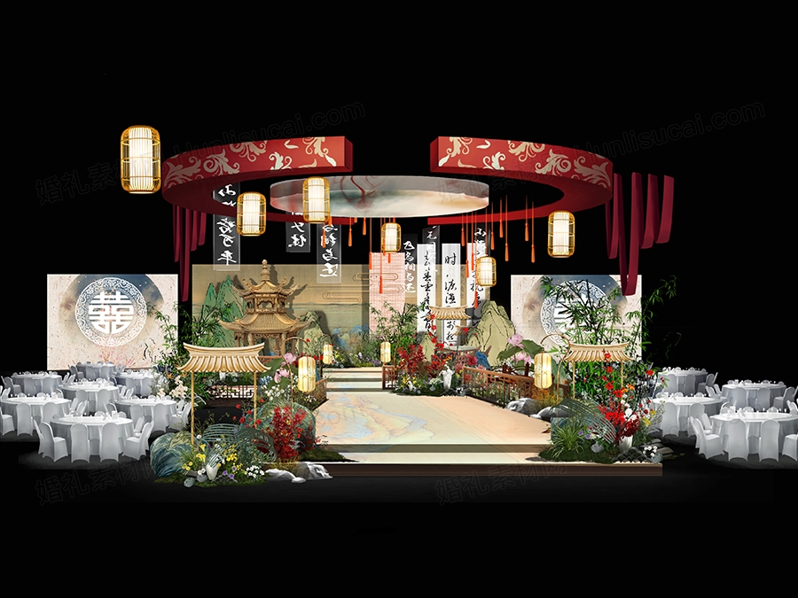 绿色青山国画背景国潮风格新中式古典喜庆婚礼设计效果图素材 - 婚礼素材网