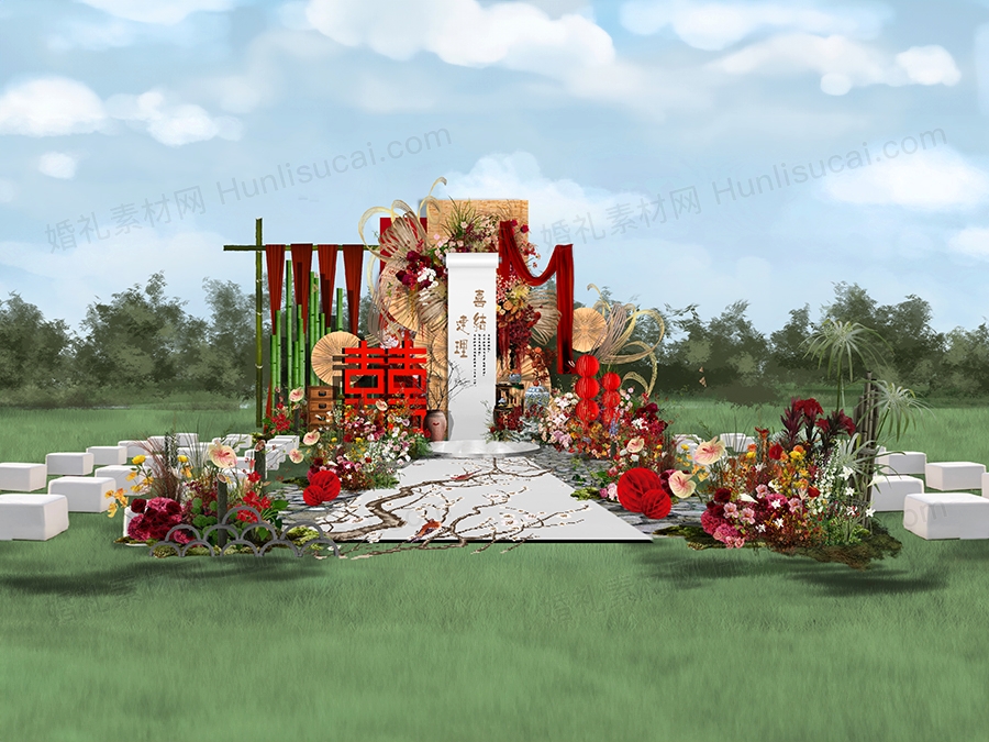 红色喜庆南洋风东南亚华人订婚宴婚礼设计效果图素材psd源文件 - 婚礼素材网
