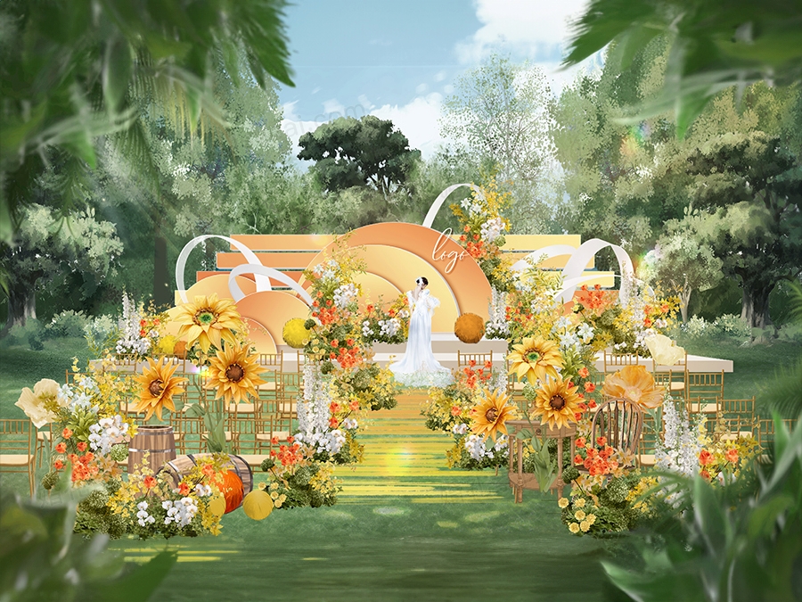 橙色创意小众圆形背景户外草坪婚礼设计效果图素材psd源文件 - 婚礼素材网