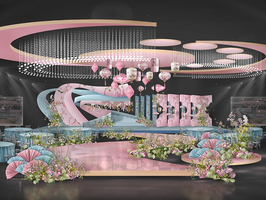 粉色蓝色撞色新中式南洋风纸扇花艺婚礼设计效果图素材psd - 婚礼素材网