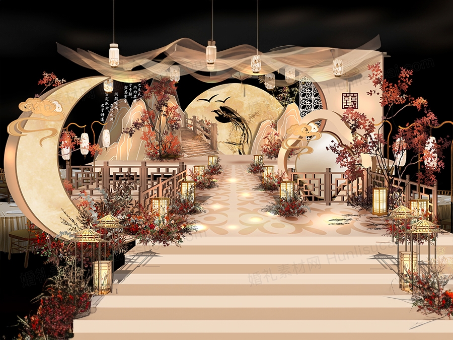 香槟色夕阳古典新中式婚礼设计舞台展示区效果图背景素材psd - 婚礼素材网