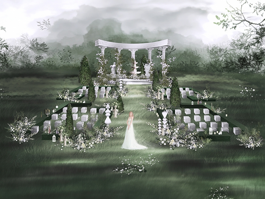 绿色森系法式庄园户外草坪罗马柱婚礼设计效果图素材psd源文件 - 婚礼素材网