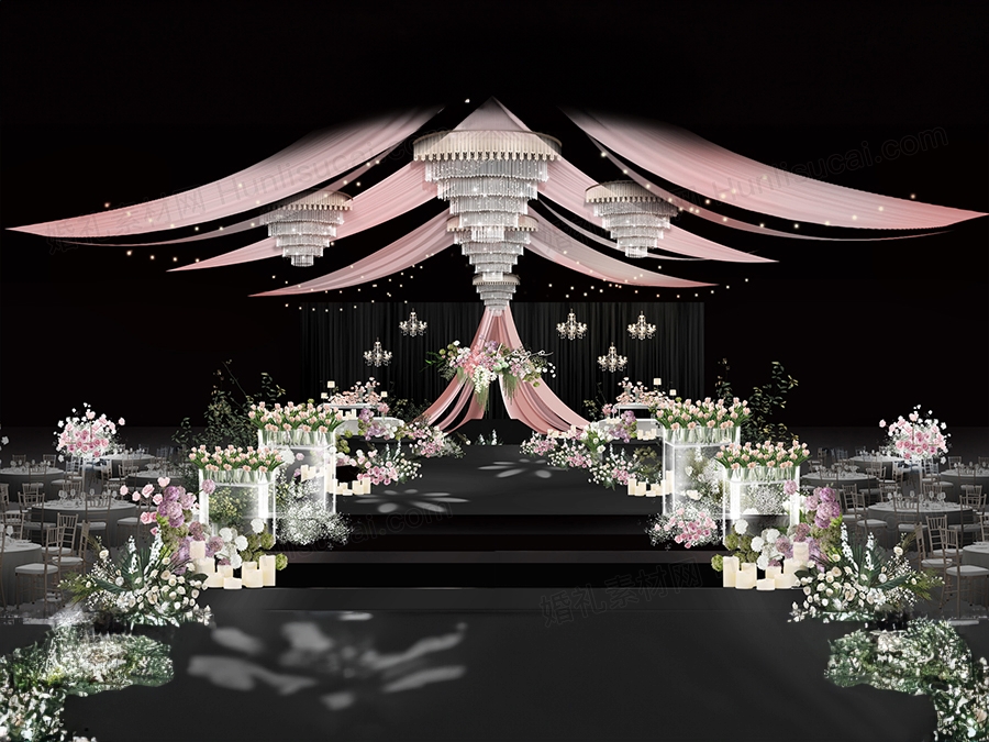 粉色布艺水晶秀场风婚礼设计舞台展示区效果图素材psd源文件 - 婚礼素材网
