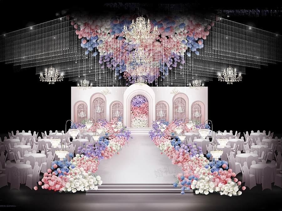 粉色欧式水晶吊顶简约拱门花艺墙纸花婚礼设计效果图素材psd - 婚礼素材网