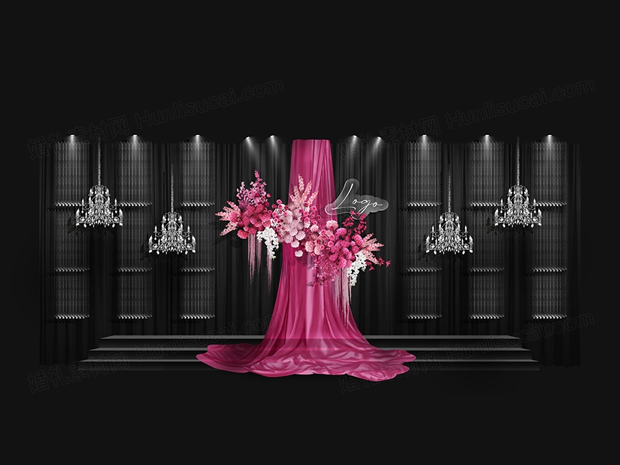 枚红色黑色水晶布艺小众婚礼设计效果图舞台展示区签到素材psd - 婚礼素材网
