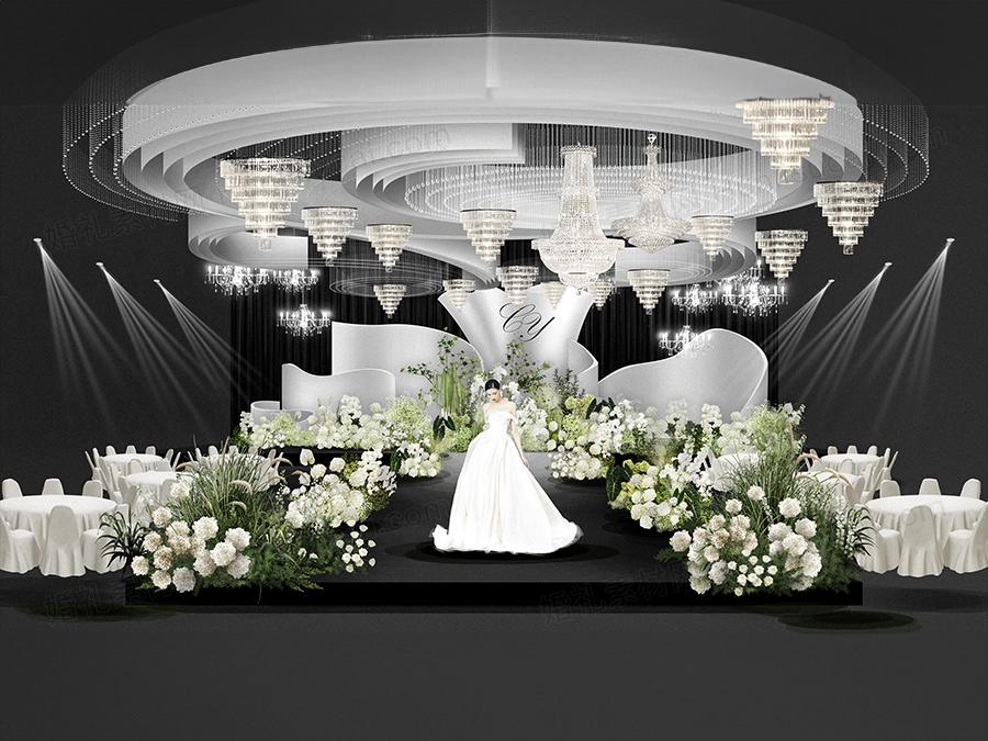 白色简约秀场风小众婚礼设计舞台展示区效果图素材psd源文件 - 婚礼素材网