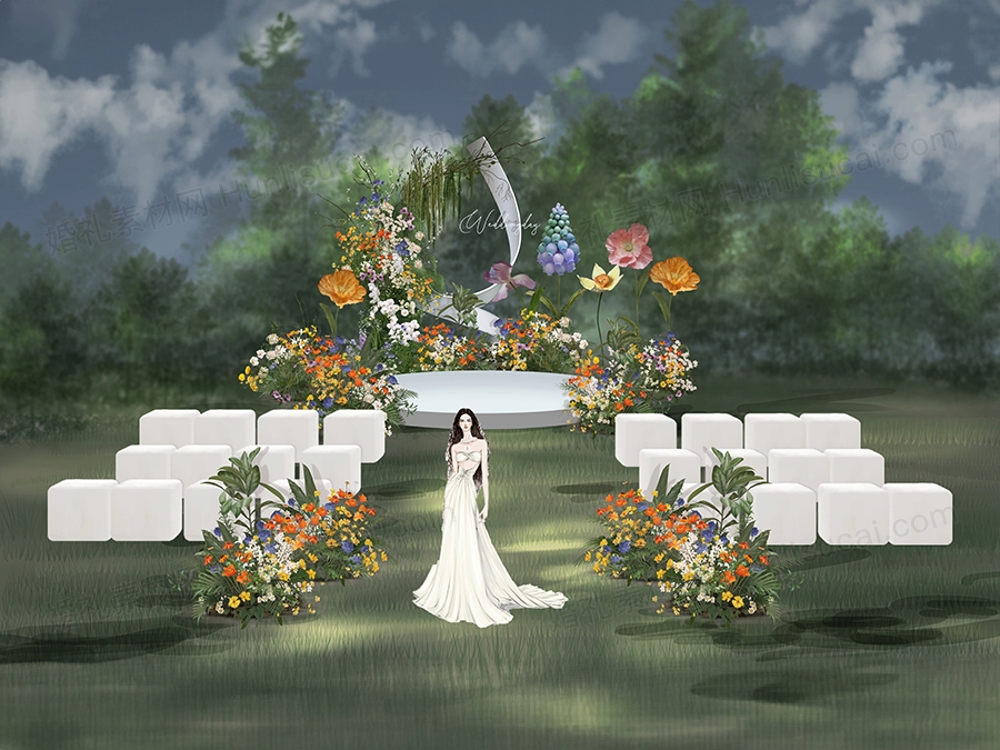 白色彩色纸花小众高级感户外草坪婚礼设计舞台展示区效果图素材 - 婚礼素材网