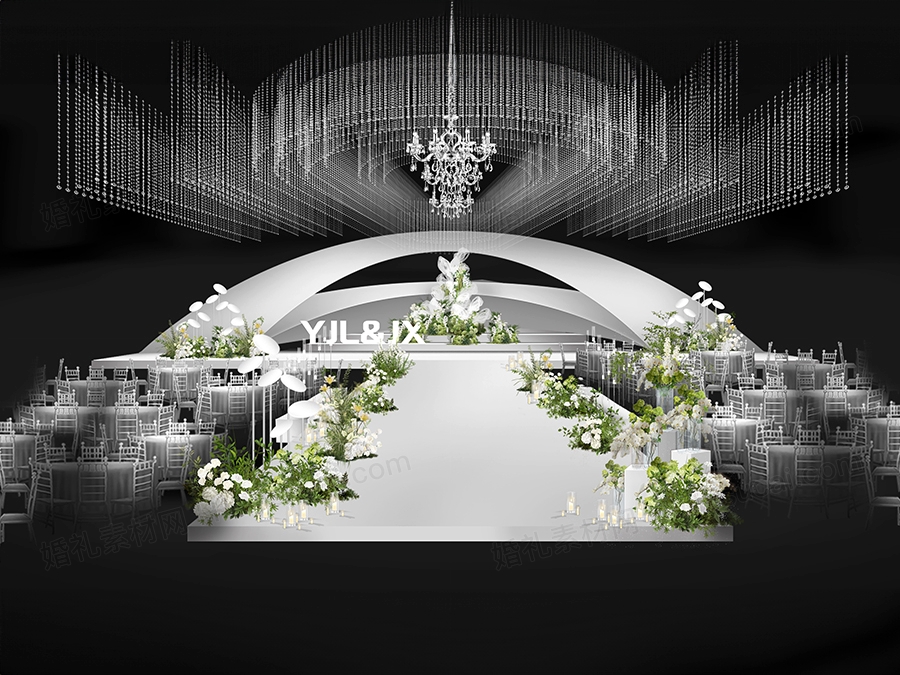 白色高端简约韩式婚礼设计舞台水晶吊顶效果图素材psd源文件 - 婚礼素材网