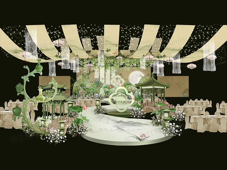 绿色褐色中国风古典婚礼设计舞台展示区效果图素材psd源文件 - 婚礼素材网