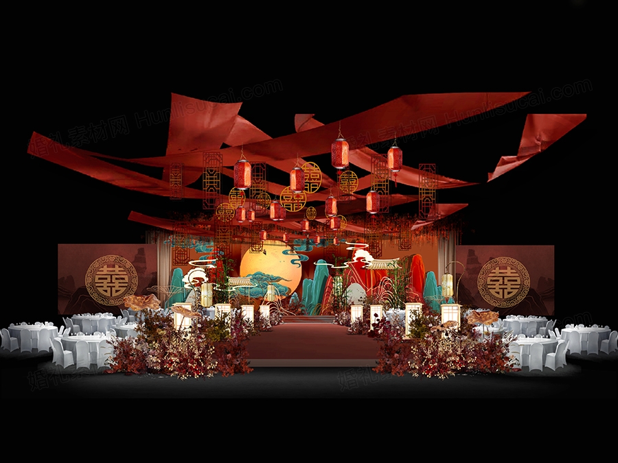 红色新中式喜庆古典婚礼设计舞台展示区效果图素材psd源文件 - 婚礼素材网