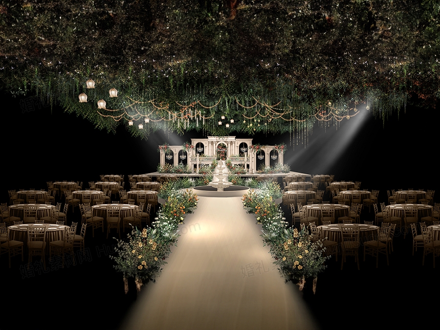 香槟色城堡罗马柱高端欧式婚礼设计效果图舞台展示区背景素材 - 婚礼素材网