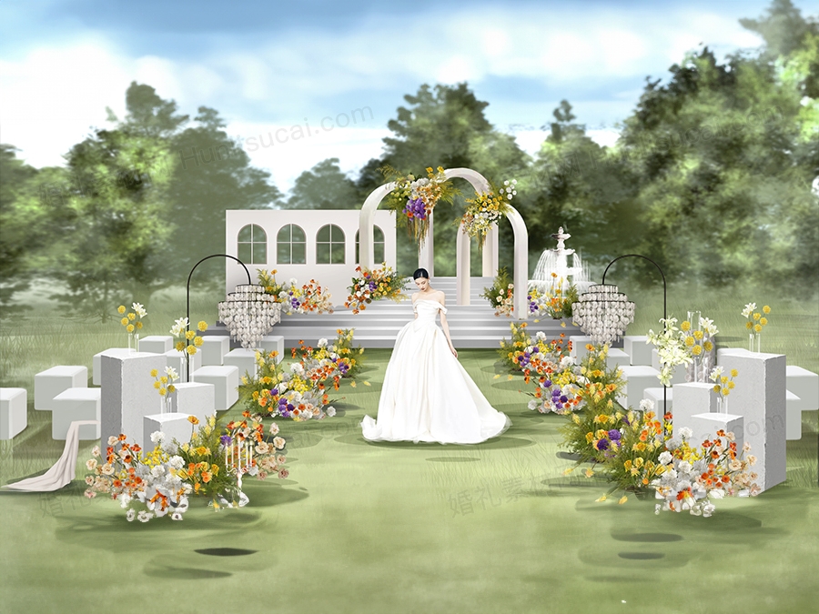 浅粉色白色小众创意黄绿色花艺户外草坪婚礼设计效果图素材psd - 婚礼素材网