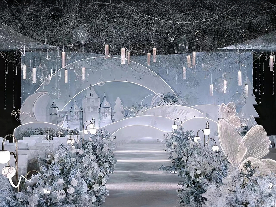 雾霾蓝色婚礼效果城堡月亮背景设计布置现场PSD素材效果图 - 婚礼素材网