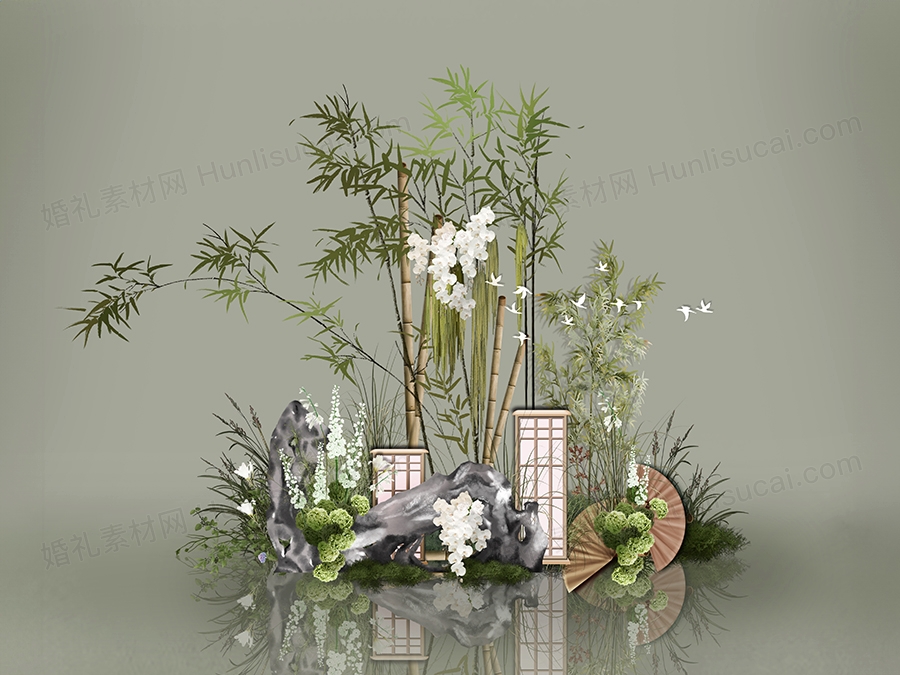 中式小众户外婚礼合影区竹子假山白绿色花艺效果图设计素材psd - 婚礼素材网