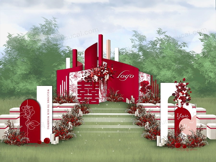 红白色新中式户外草坪婚礼设计效果图背景方案素材psd源文件 - 婚礼素材网