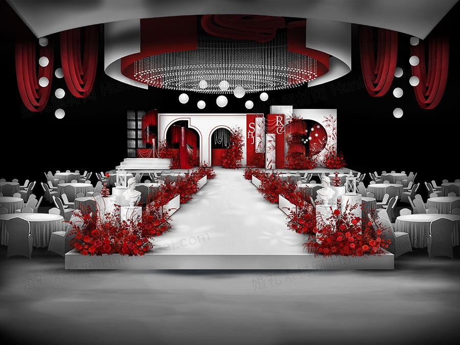 红白色撞色风格秀场风法式小香风婚礼设计舞台效果图素材psd - 婚礼素材网